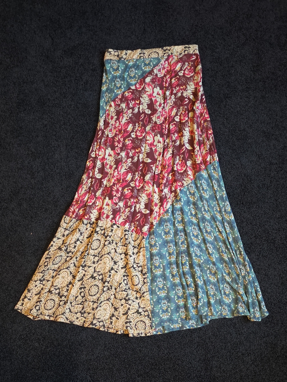 NATURAL LIFE Mixed Patchwork Maxi Skirt in Burgundy, Teal & Cream